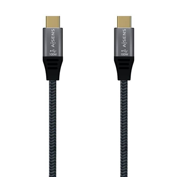 Cable USB 2.0 Tipo-C Aisens A107-0629 5A 100W/ USB Tipo-C Macho - USB Tipo-C Macho/ Hasta 100W/ 60Mbps/ 2m/ Gris