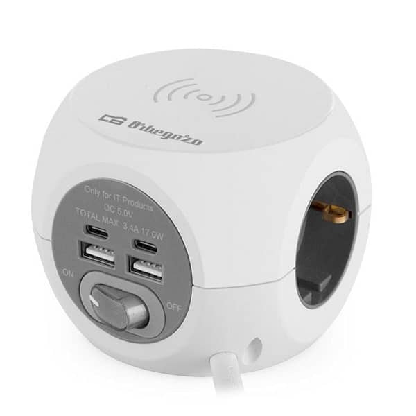 Regleta Orbegozo EN 4500 con Carga inal?mbrica/ 3 Tomas de corriente/ 2 USB - 2 USB Tipo C/ Cable 1.5m/ Blanca y Gris