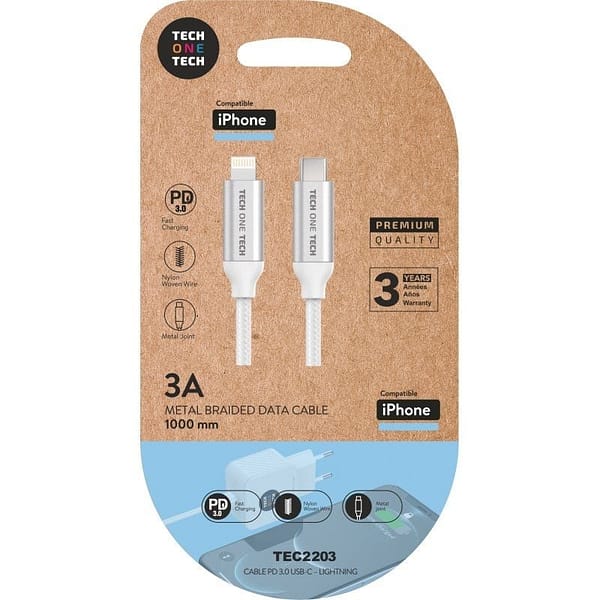 Cable USB Tipo-C Lightning Tech One Tech TEC2203/ Lightning Macho - USB Tipo-C Macho/ 1m/ Blanco