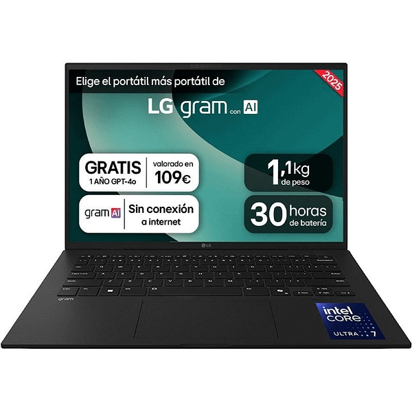 Port?til LG Gram 14ZD90T-G.AX78B Intel Core Ultra 7-255H/ 16GB/ 1TB SSD/ 14'/ Sin Sistema Operativo