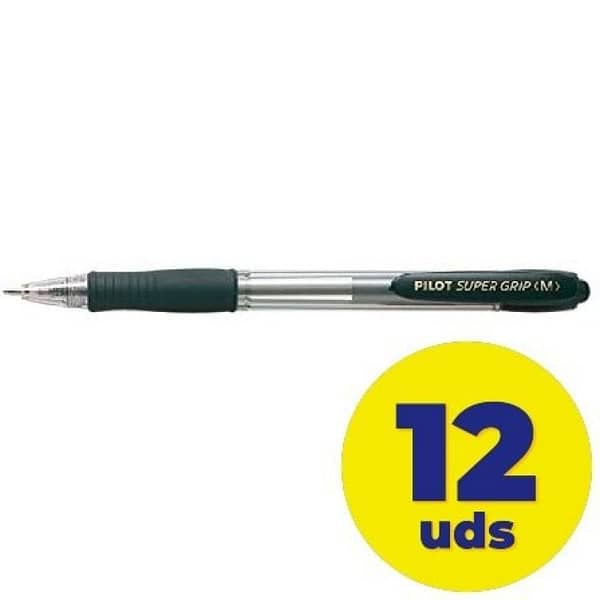 Caja de Bol?grafos de Tinta de Aceite Retr?ctil Pilot Super Grip M/ 12 unidades/ Negros